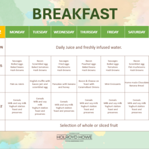 Week 2 breakfast calendar showing hydration, hot items, daily specials, daily breakfast items, and fruit options on a colorful background.