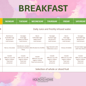 Bright, colorful breakfast menu calendar labeled Week 3 with days Monday–Sunday, sections for Hydration, Hot Items, Daily Special, Daily Breakfast Items, and Fruit; lists daily breakfast offerings against a fruit-themed background.