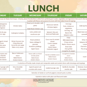 Weekly lunch menu for Week 1 showing soups, nourishing, flourishes, sides, pasta, salad bar, dessert and hydration by day.