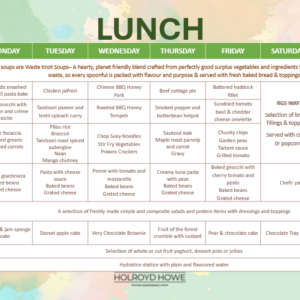 Week 2 lunch menu grid with columns for Mon–Sun showing soups, mains, sides, salad bar, desserts and hydration on a colorful veggie-themed background.