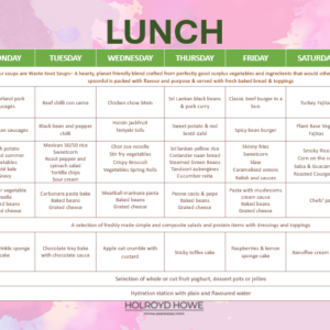 Colorful food-themed background showing a weekly lunch menu grid (Week 3) with daily dishes organized by category (Soup, Nourish, Flourish, Sides, Jacket/Pasta, Salad Bar, Dessert, Hydration).