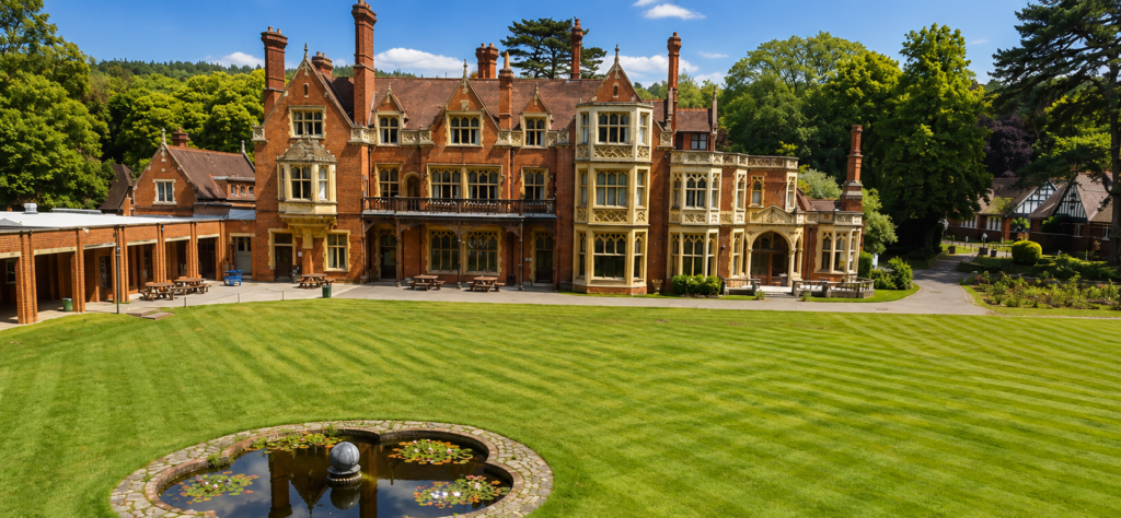 RGS Surrey Hills Historic red-brick manor with tall chimneys and bay windows, set behind a striped green lawn and a circular pond with lilies.