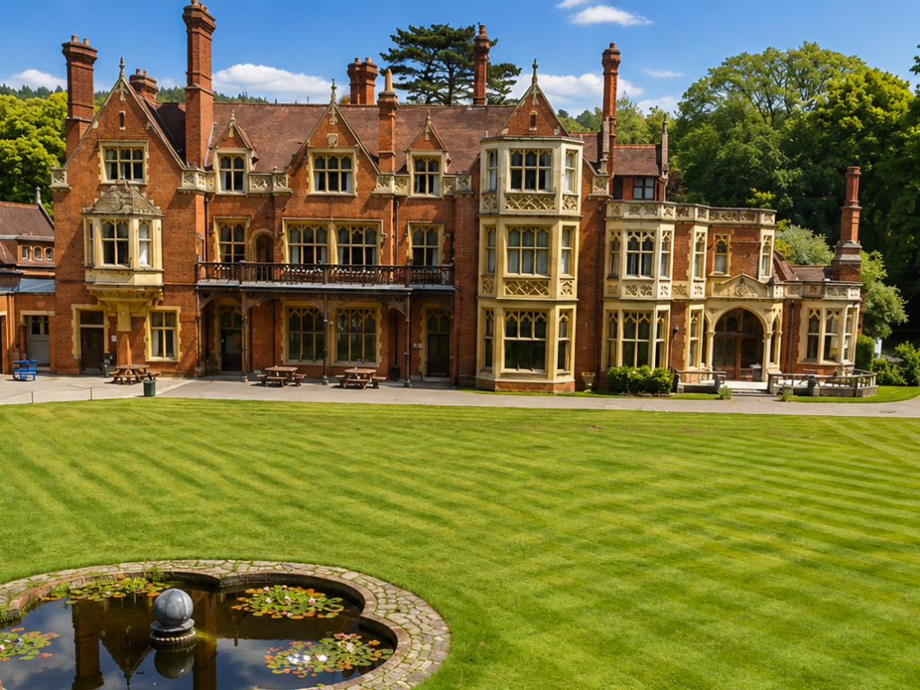 Historic red-brick manor with tall chimneys and bay windows, set behind a striped green lawn and a circular pond with lilies.