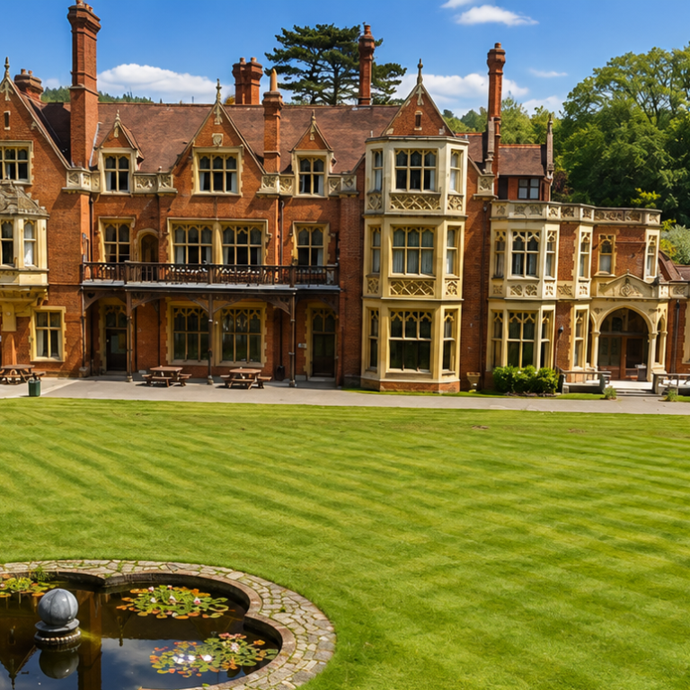 RGS Surrey Hills Historic red-brick manor with tall chimneys and bay windows, set behind a striped green lawn and a circular pond with lilies.
