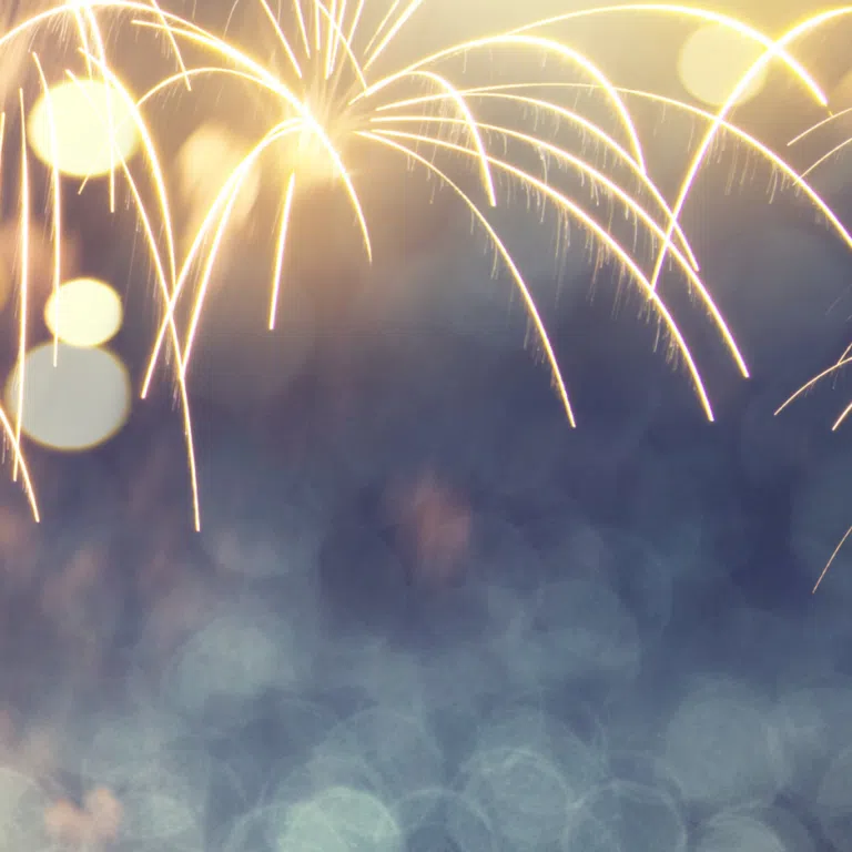 Fireworks explode with golden streaks and soft bokeh lights across a dark background; the word 'Fireworks' appears at the bottom.