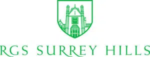RGS Surrey Hills school crest with a green shield and building illustration beneath the initials RGS Surrey Hills text